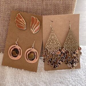 3 pair modern vintage retro tigers eye semi precious stone gold and silver tone